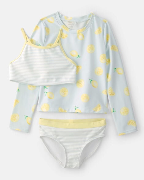 girls 3-piece lemon striped rashguard swimsuit set - blue
