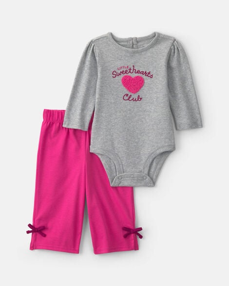 baby girl 2-piece 'little sweethearts club' long-sleeve bodysuit & pant set - pink/grey