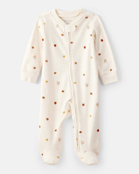 baby thanksgiving print 100% cotton long-sleeve 2-way zip sleep & play pajamas - white