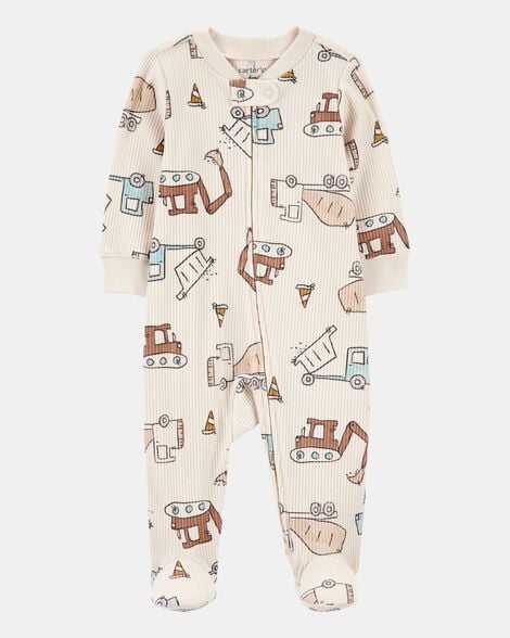 baby boy construction 2-way zip ribbed sleep & play pajamas - cream