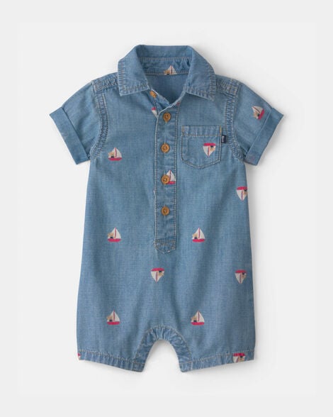 Baby Teddy Bear Sailboat Chambray Romper - Indigo