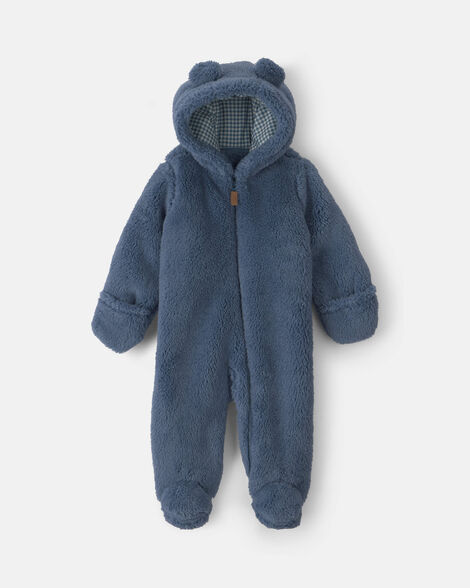 baby boy bear teddy fleece long-sleeve jumpsuit - blue