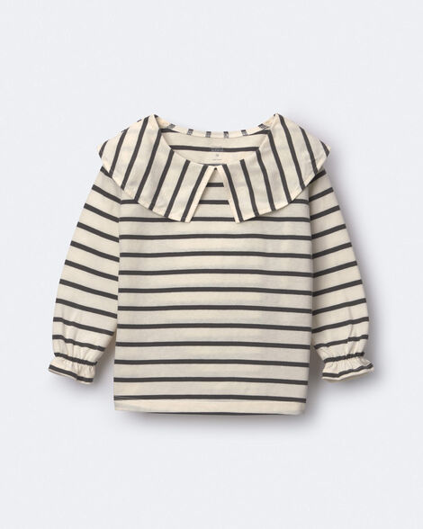 Toddler Girl Peter Pan Collar Top in Stripes - Cream/Black