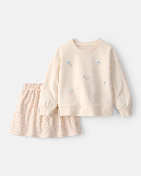toddler girl 2-piece floral french terry top & skort set - cream