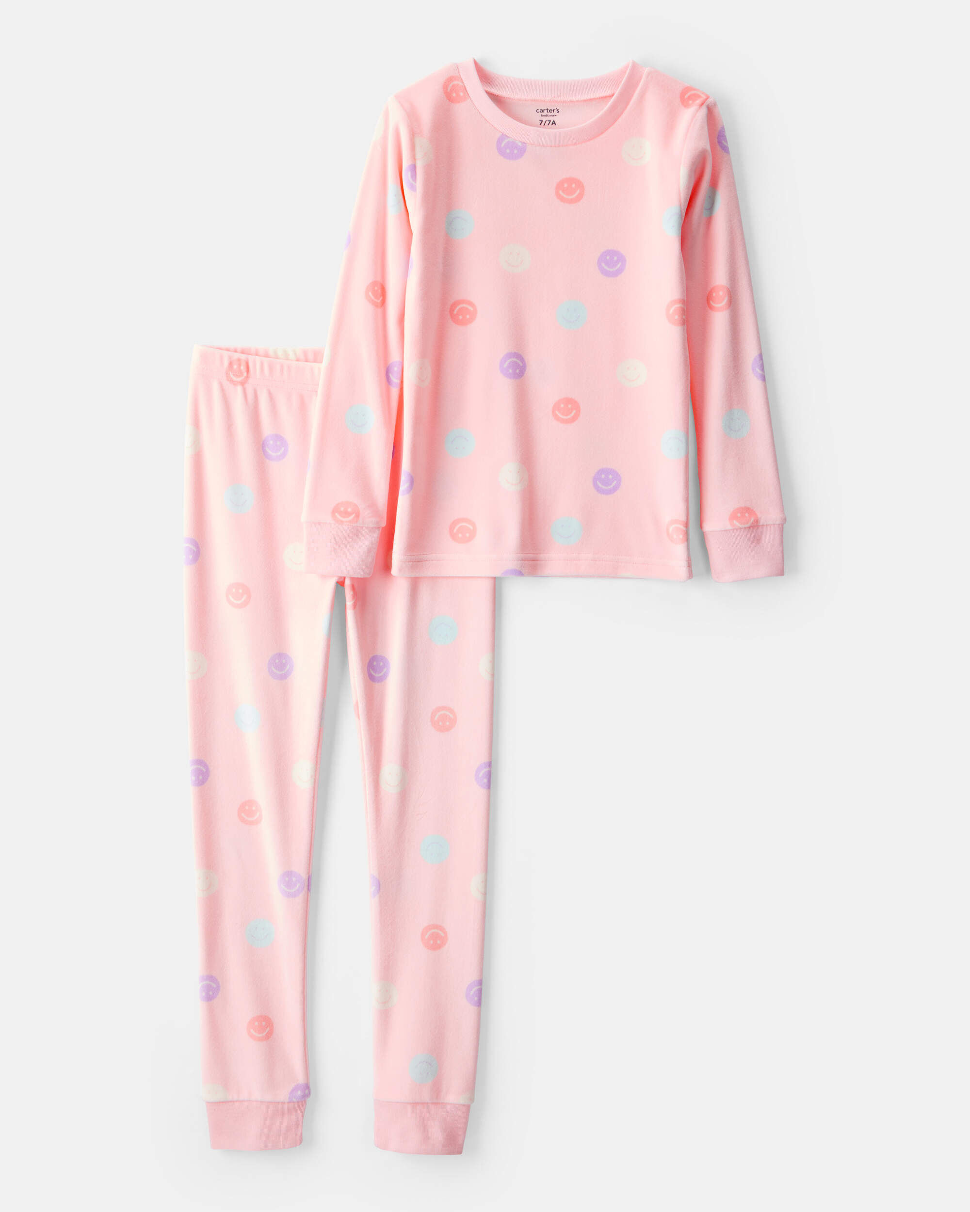 Girls Smiley Face Print Velour Long-Sleeve Snug Fit 2-Piece Pajamas - Pink