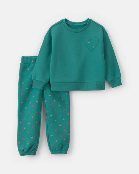 toddler girl 2-piece heart & floral fleece long-sleeve top & pant set - green