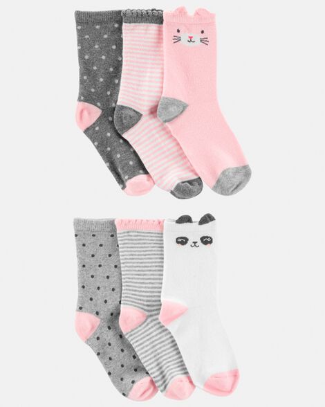 girls 6-pack critter crew socks - pink/grey