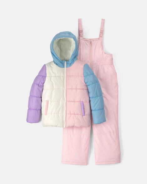 girls 2-piece color block hooded snowsuit jacket & bib set