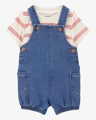 Product image 1 of Baby 2-Piece Striped Tee & Denim Shortall Set - Navy/Ivory
