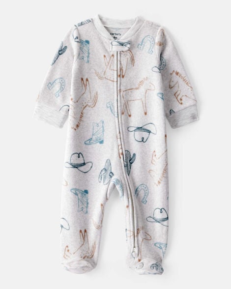 baby boy western cowboy print loose fit long-sleeve sleep & play pajamas - grey