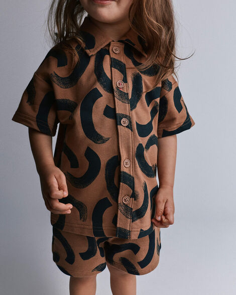Toddler Boy Button-Down Short-Sleeve Shirt in Abstract Print - Brown