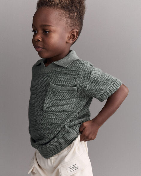 Toddler Boy Knit Polo with Pocket - Olive