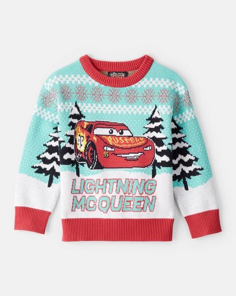 toddler boy cars lightning mcqueen christmas sweater - blue/red