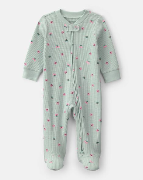 baby girl butterfly cotton 2-way zip thermal sleep & play pajamas - green