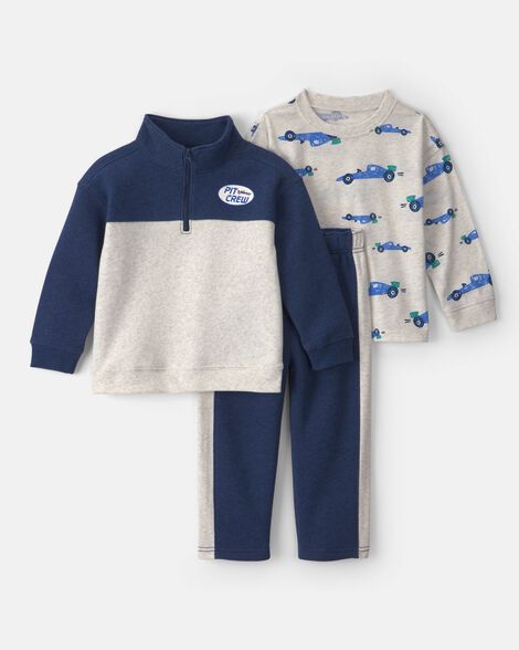 toddler boy 3-piece color block fleece top & pant set - navy blue/grey