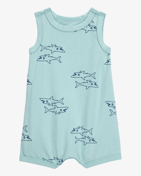 baby boy shark print cotton romper - blue