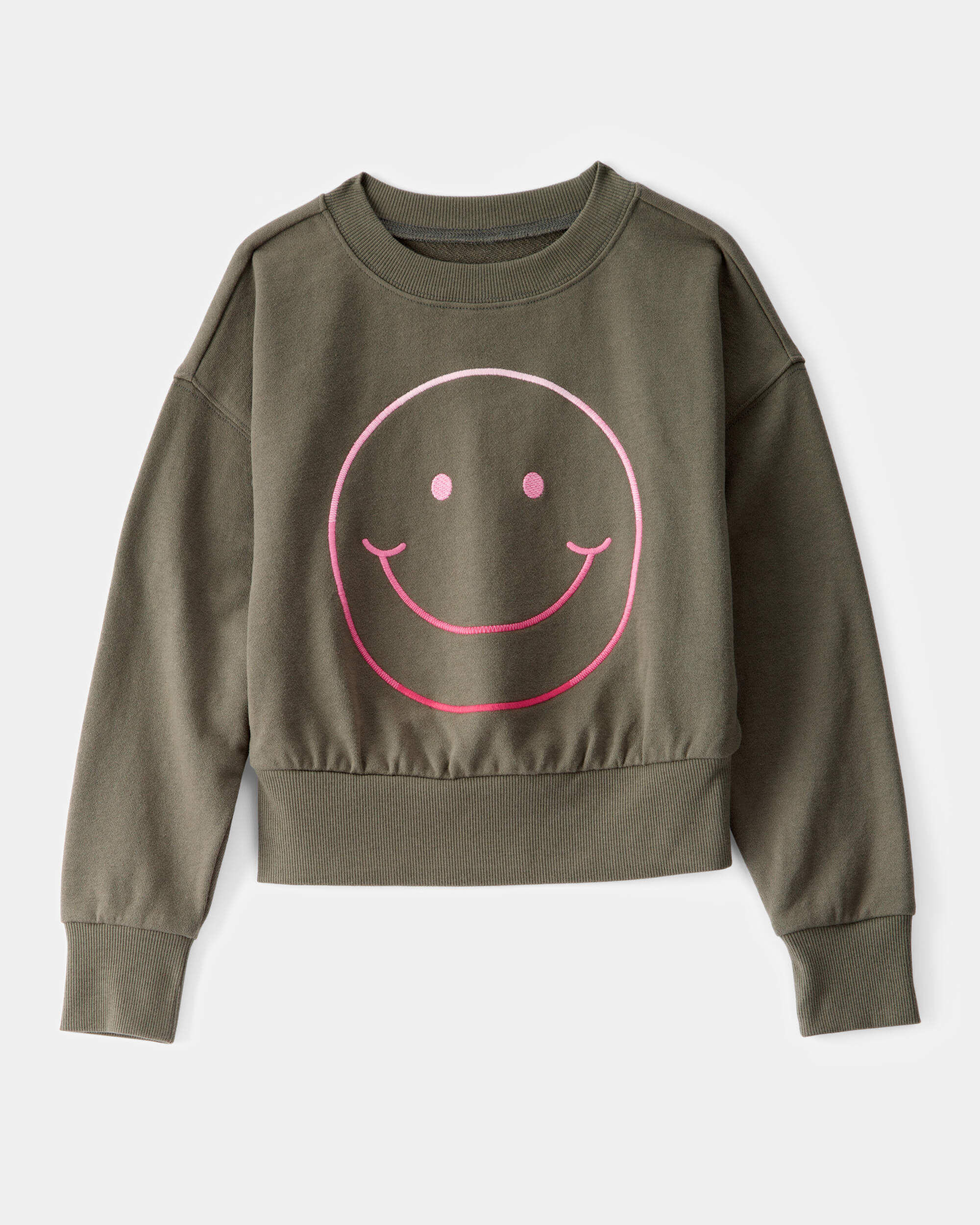 Smile Always Kid Oversized Smiley Face Graphic Sweatshirt - Olive