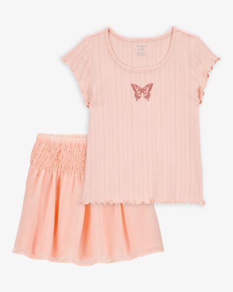 Product image 1 of Kid 2-Piece Butterfly Pointelle Tee & Chiffon Skirt Set - Pink