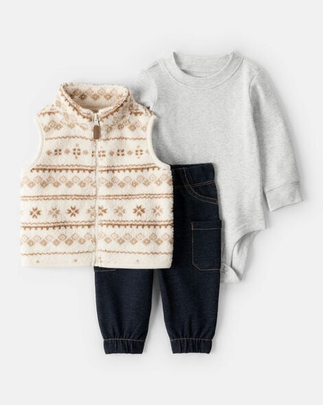 baby boy 3-piece fair isle sherpa vest outfit set - khaki