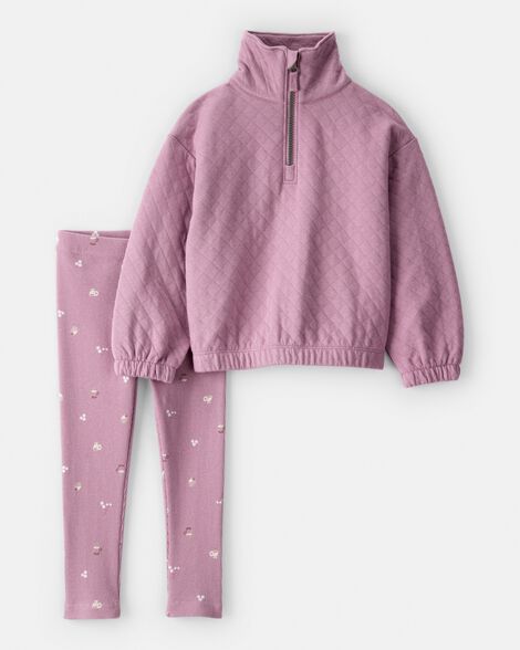 toddler girl quilted quarter-zip & floral legging set - purple