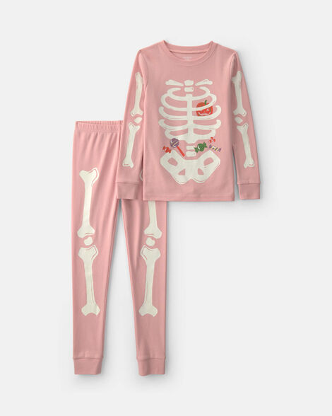 girls 2-piece halloween glow in the dark skeleton 100% cotton snug fit pajama set - pink