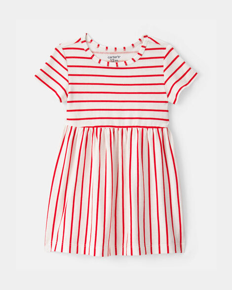 baby girl striped short-sleeve dress - red/ivory