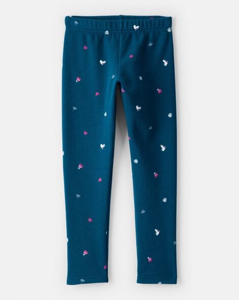 girls ice skate print cozy fleece pull-on stretch leggings - blue