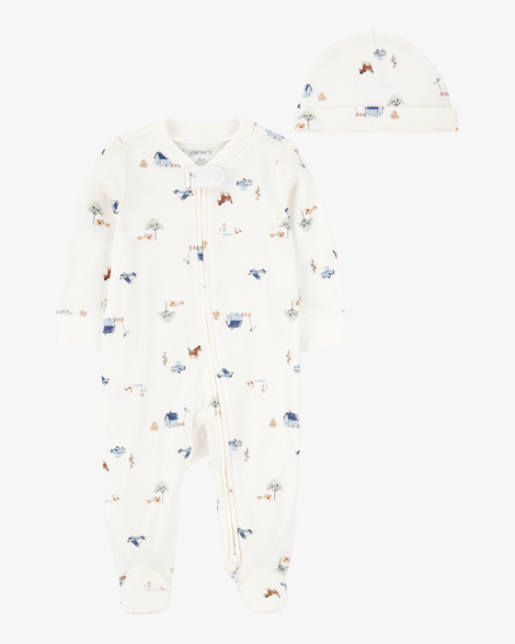 baby 2-piece 2-way zip sleep & play & cap set - ivory/blue
