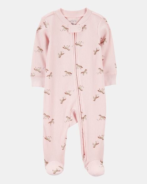baby girl horse print 2-way zip ribbed sleep & play pajamas - pink