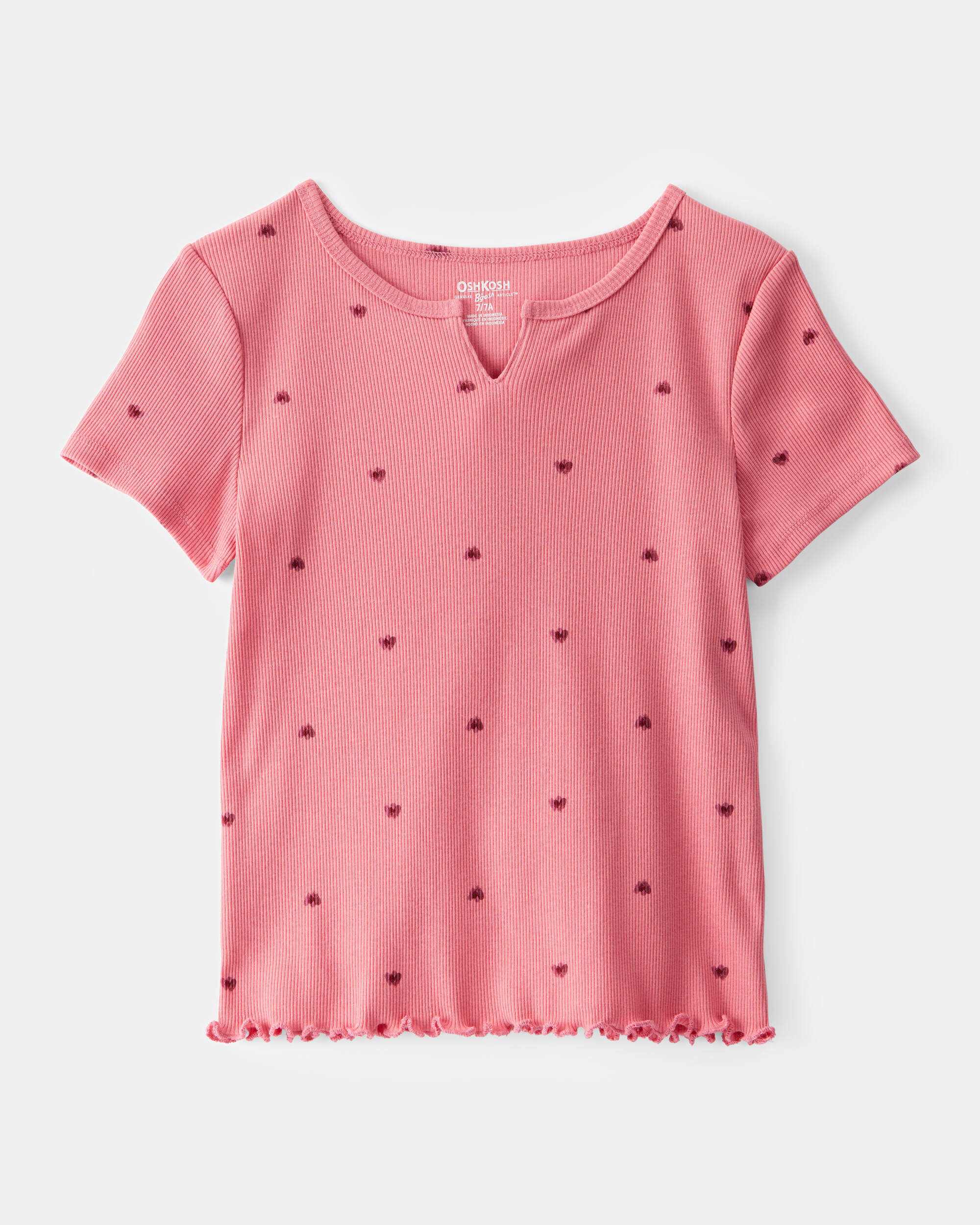 Girls Ribbed Heart Print Short-Sleeve Shirt - Pink