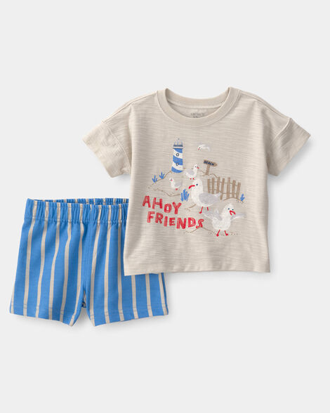 baby boy 2-piece seagull top & short set - brown/blue