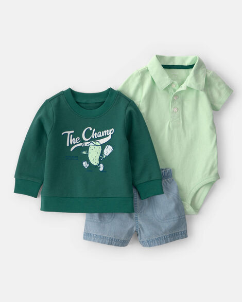 baby boy 3-piece pickleball sweatshirt, bodysuit & short set - green