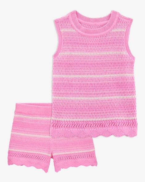 Product image 1 of Baby 2-Piece Striped Crotchet Knit Tank & Shorts Set - Pink