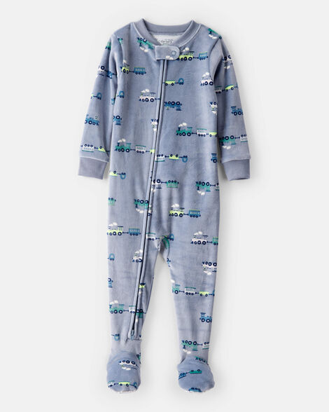 toddler boy train dreamplush long-sleeve snug fit 1-piece pajamas - blue/grey