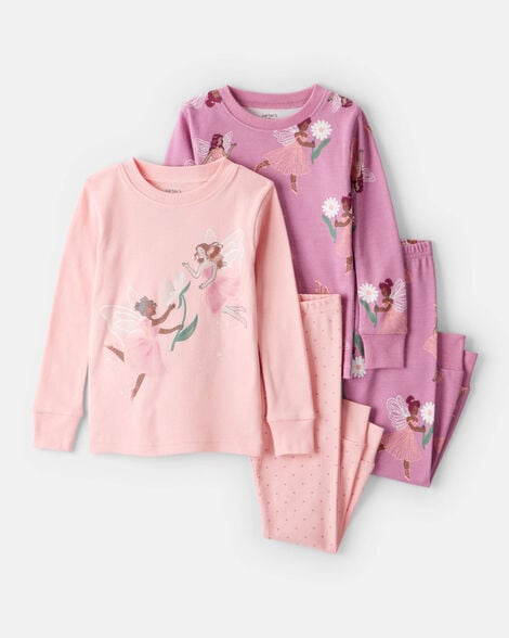 toddler girl fairy floral 100% cotton long-sleeve snug fit 4-piece pajamas - pink/purple