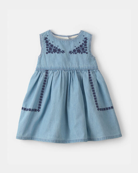 Baby Girl Floral Embroidered Chambray Dress