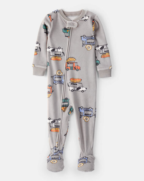 toddler boy food truck dreamplush snug fit long-sleeve 1-piece pajamas - grey