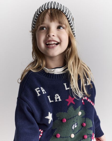 Toddler 'Fa la la' Christmas Tree Pullover Sweater - Navy