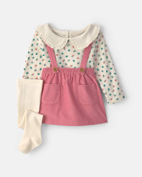 baby girl 3-piece floral corduroy long-sleeve dress set - pink/cream