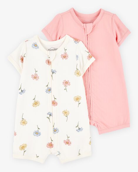  Product image 1 of Baby 2-Pack PurelySoft Zip-Up Rompers- Pink/Floral