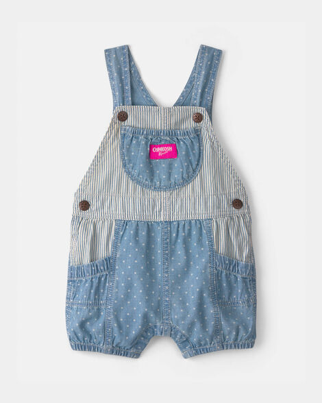 Baby Hickory Stripe & Dots Shortall - Light Wash
