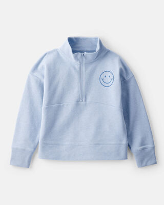 Product image 1 of Girls Smiley Face Print Quarter-Zip Pullover Sweatshirt - Blue