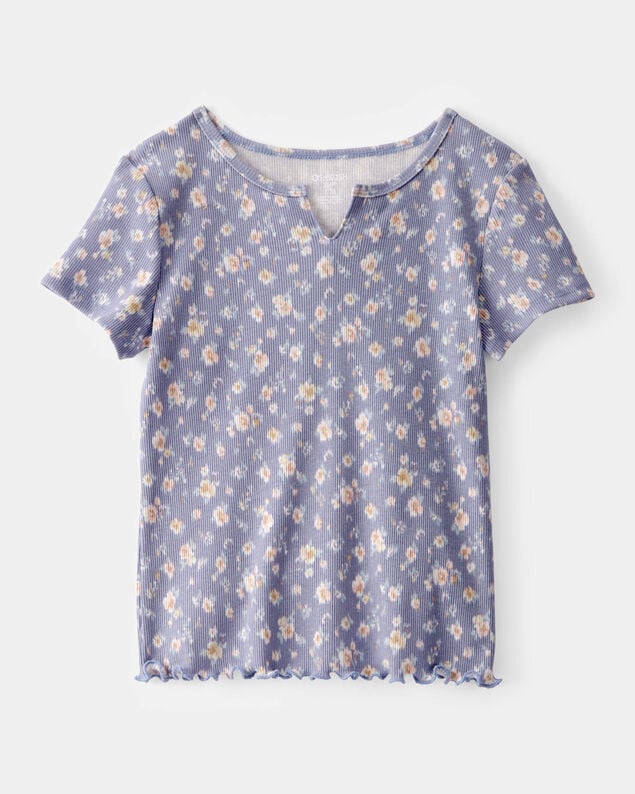 Product image 1 of Girls Ribbed Floral Print Short-Sleeve Shirt - Blue