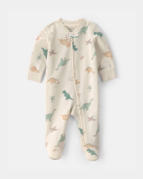 baby dinosaur 100% cotton 2-way zip sleep & play pajamas - ivory
