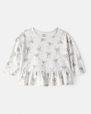 Baby Girl Flower Print Short-Sleeve Peplum Top - Tan