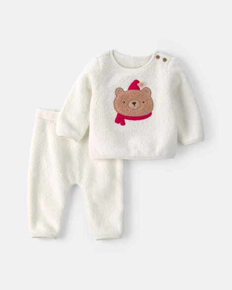 baby 2-piece bear fleece long-sleeve top & pant set - cream