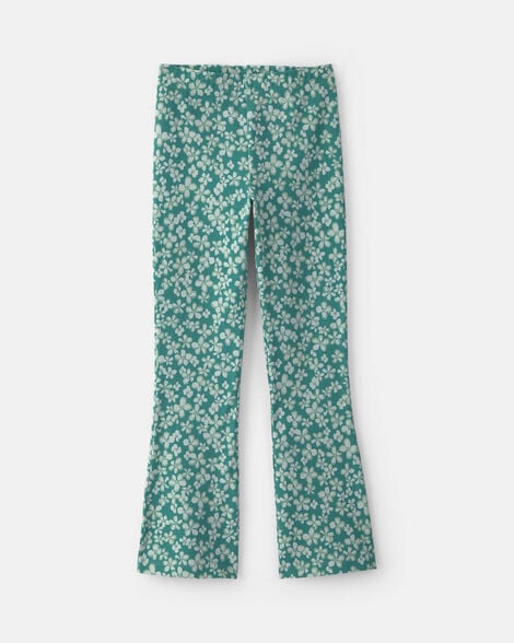 girls floral cotton pull-on stretch flare leggings - green