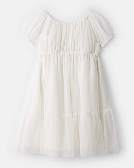 Girls Short-Sleeve Tulle Dress - White