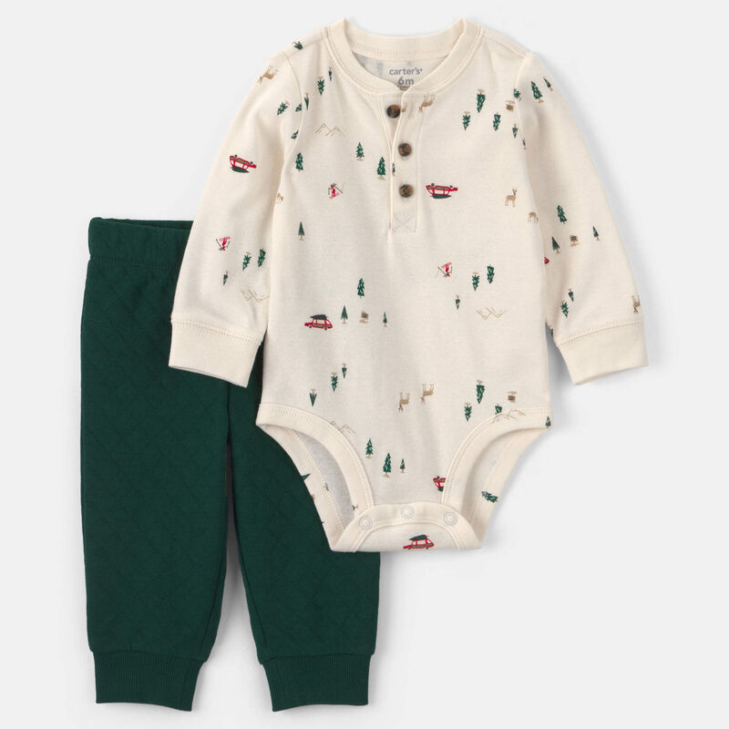 Baby Boy 2-Piece Woodland Long-Sleeve Bodysuit & Pant Set - Green/Cream