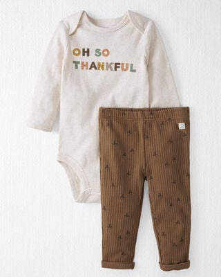 Baby My First Thanksgiving Cotton Long-Sleeve Bodysuit & Pant Set - Cream/Brown